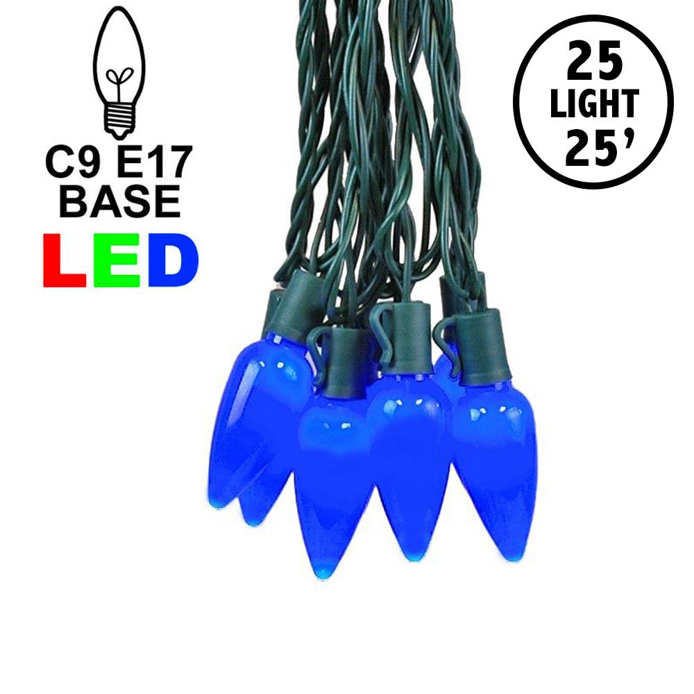 Picture of 25 Blue Ceramic LED C9 Pre-Lamped String Lights Green Wire
