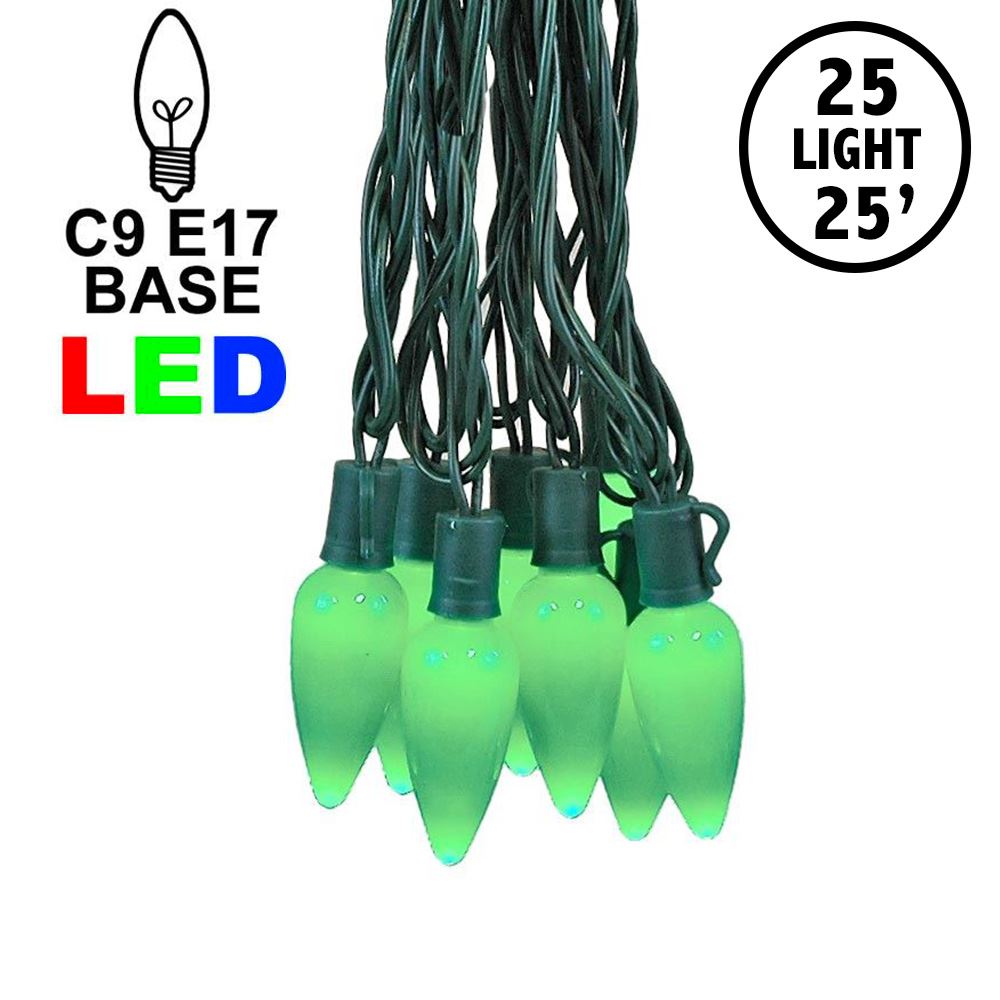 Picture of 25 Green Ceramic LED C9 Pre-Lamped String Lights Green Wire