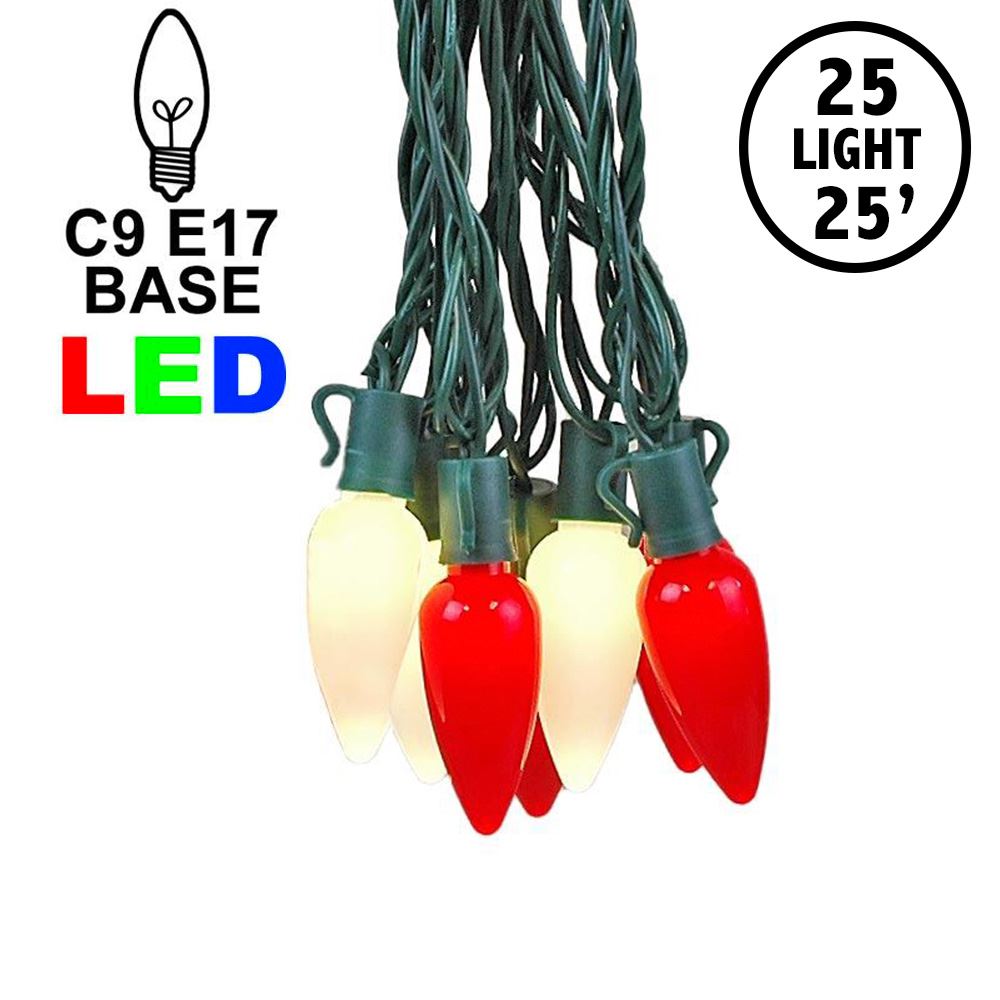 Picture of 25 Red & Warm White Ceramic LED C9 Pre-Lamped String Lights Green Wire