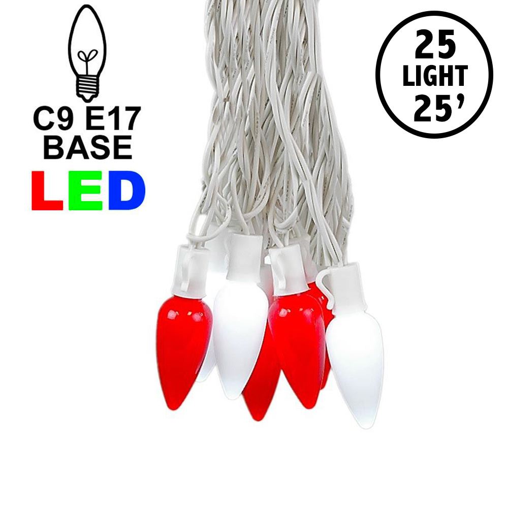Picture of 25 Red & Pure White Ceramic LED C9 Pre-Lamped String Lights White Wire