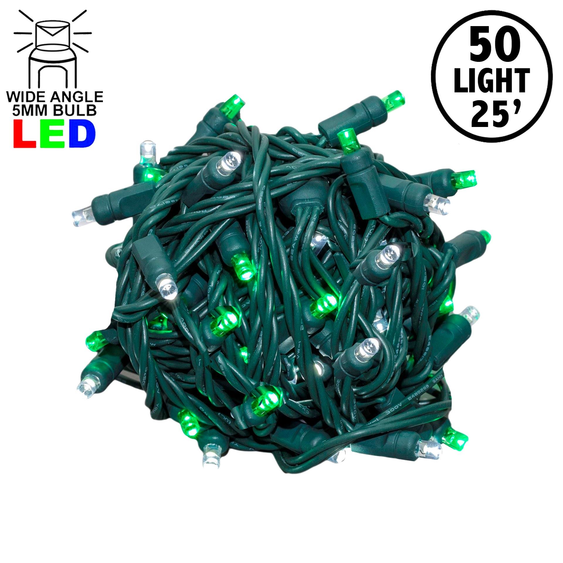 Picture of Commercial Grade Wide Angle 50 LED Green/Pure White White 25' Long on Green Wire