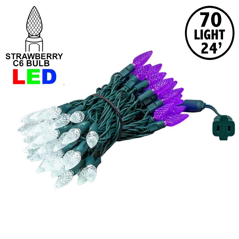 Picture of Purple and Pure White 70 LED C6 Strawberry Mini Lights Commercial Grade Green Wire