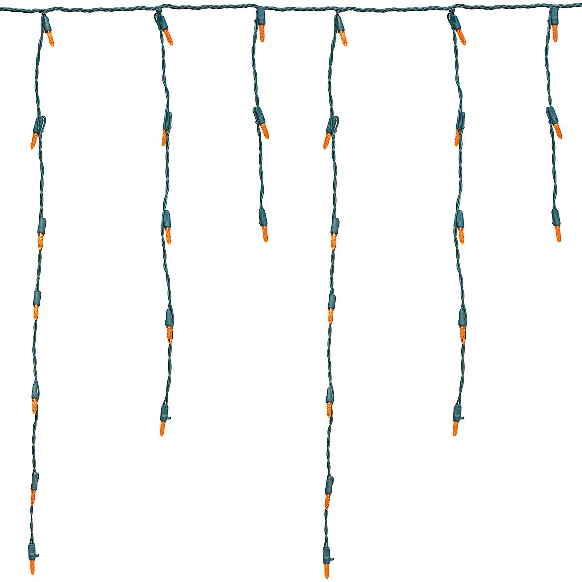 Picture of Orange (amber) LED Icicle Lights on Green Wire 150 Bulbs