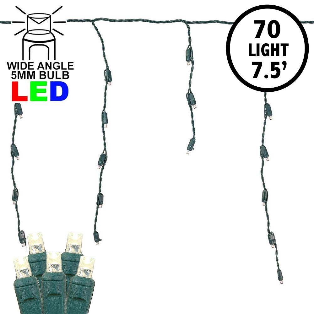 Picture of Warm White LED Icicle Lights on Green Wire 70 Bulbs