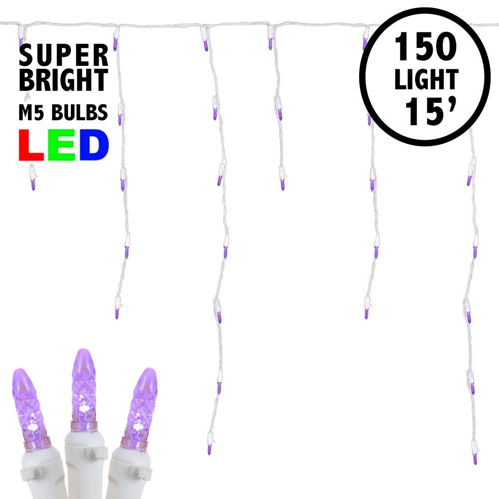 Picture of Purple LED Icicle Lights on White Wire 150 Bulbs