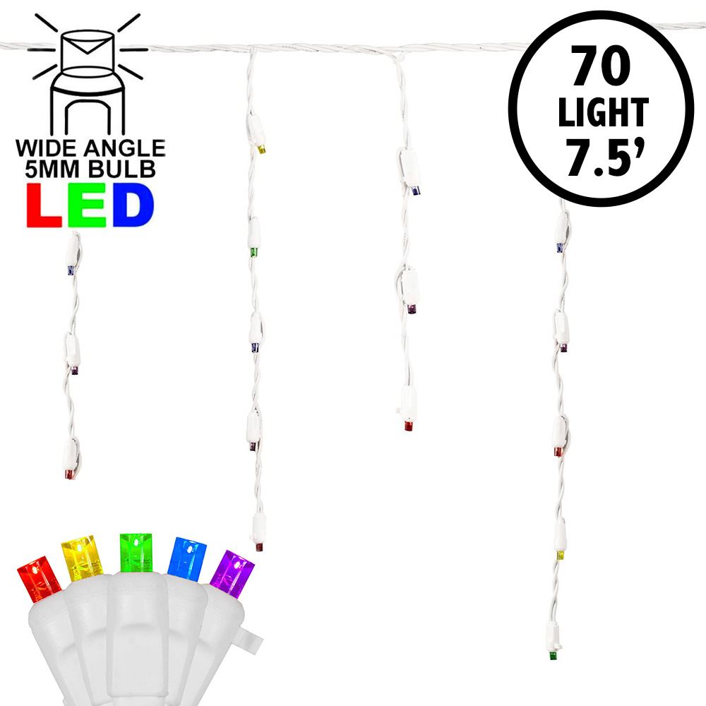 Picture of Rainbow LED Icicle Lights on White Wire 70 Bulbs
