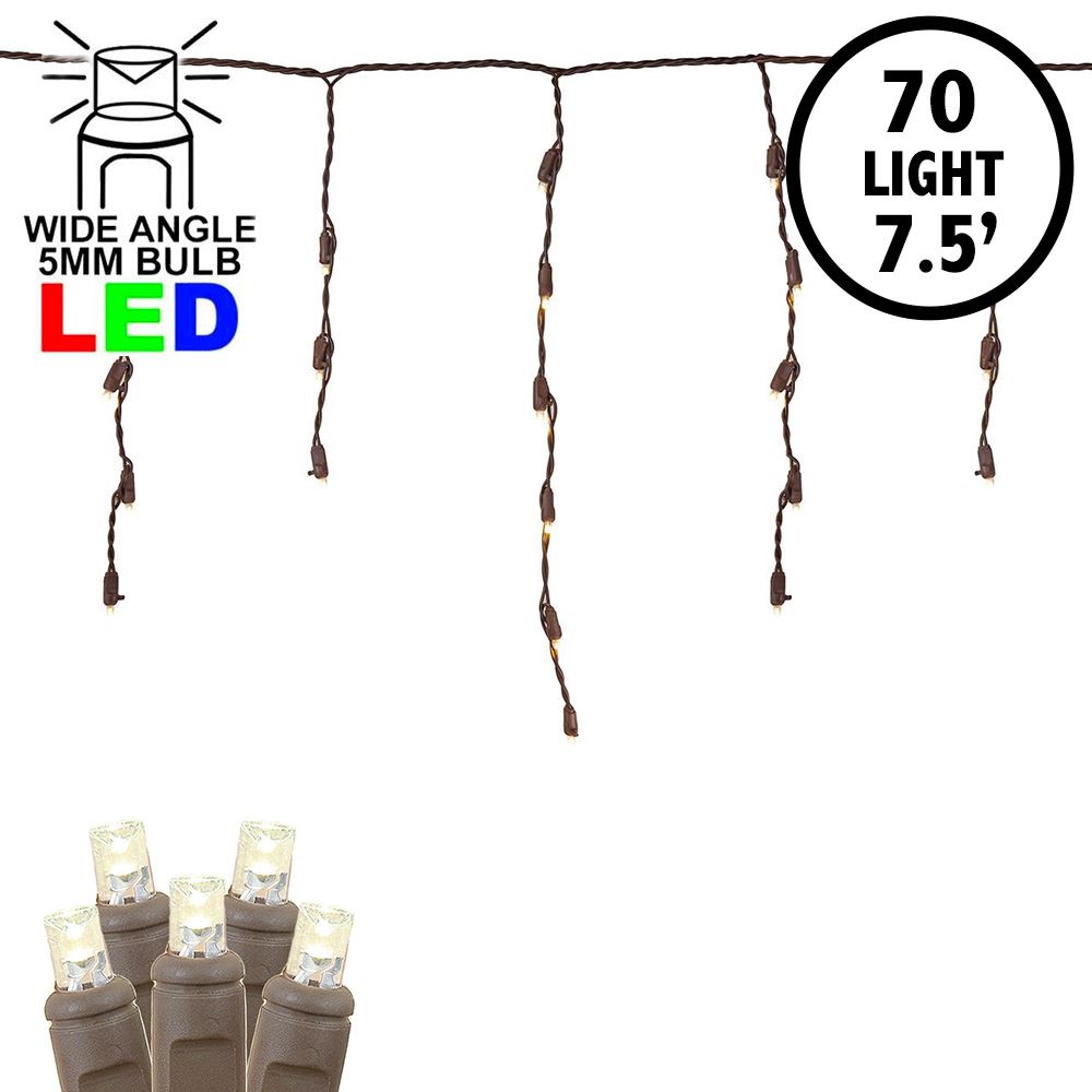 Picture of Warm White LED Icicle Lights on Brown Wire 70 Bulbs