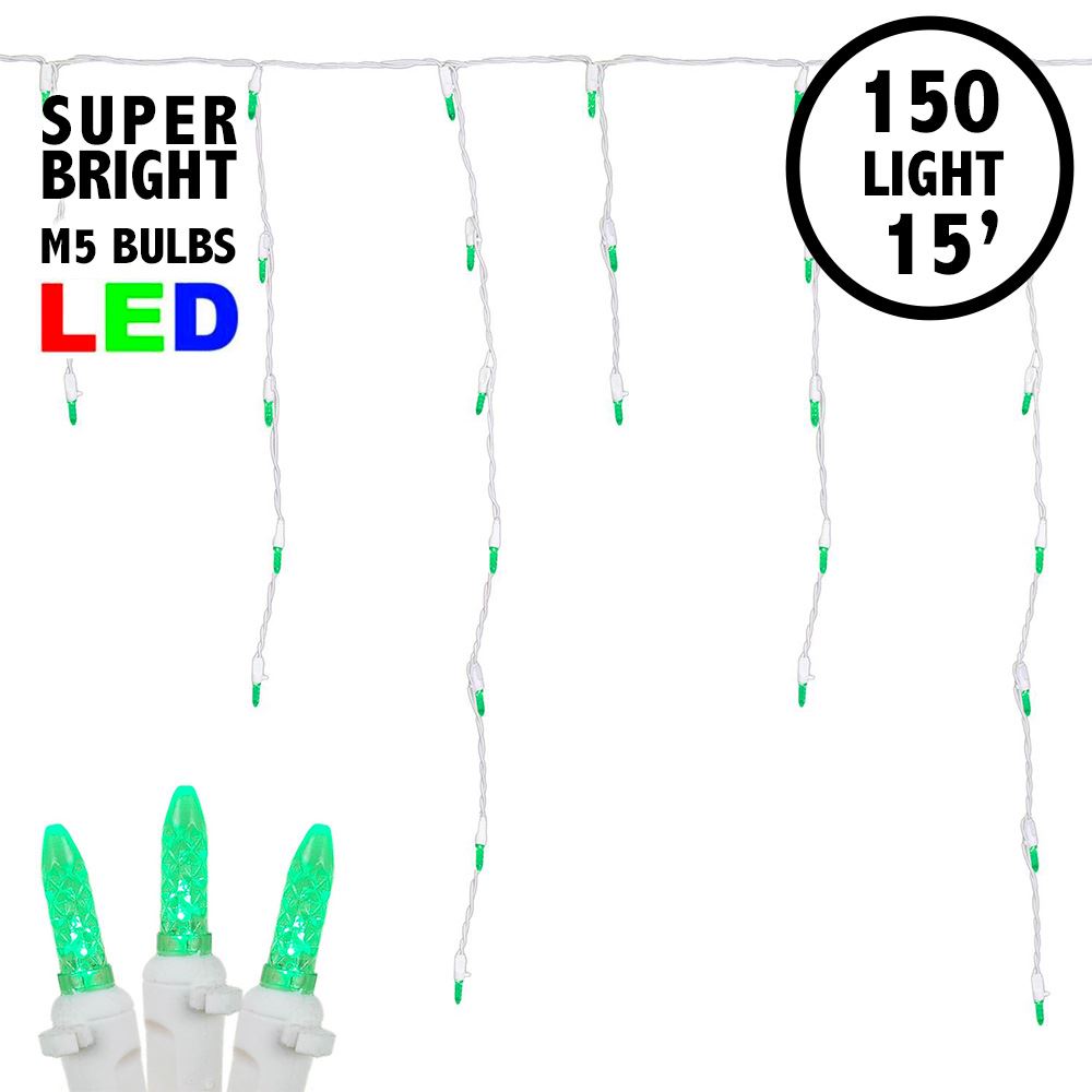 Picture of Green LED Icicle Lights on White Wire 150 Bulbs