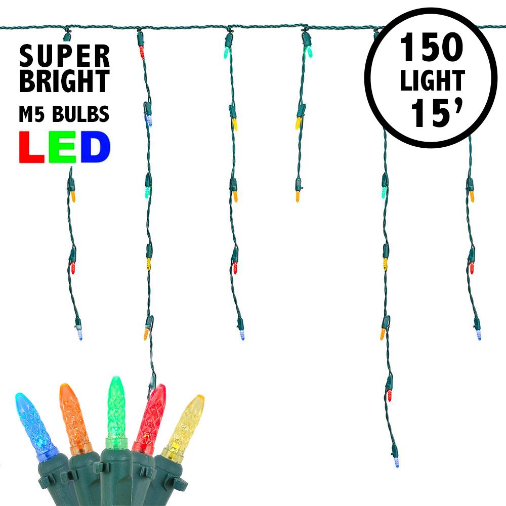 Picture of Multi (assorted) LED Icicle Lights on Green Wire 150 Bulbs