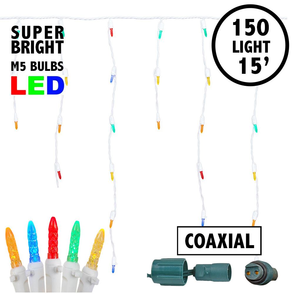 Picture of Coaxial Multi Color LED Icicle Lights on White Wire 150 Bulbs