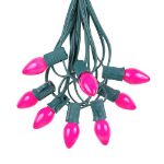 25 Light String Set with Pink Ceramic C7 Bulbs on Green Wire