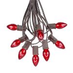 25 Light String Set with Red Transparent C7 Bulbs on Brown Wire
