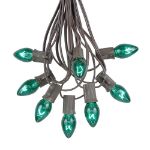 25 Light String Set with Green Transparent C7 Bulbs on Brown Wire