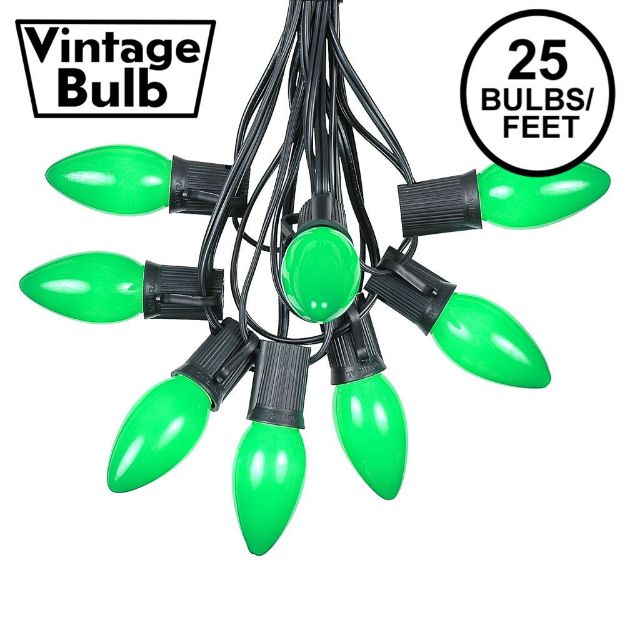 C9 25 Light String Set with Ceramic Green Bulbs on Black Wire