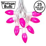 C9 25 Light String Set with Ceramic Pink Bulbs on White Wire