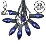 C9 25 Light String Set with Blue Bulbs on Black Wire