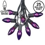 C9 25 Light String Set with Purple Bulbs on Black Wire