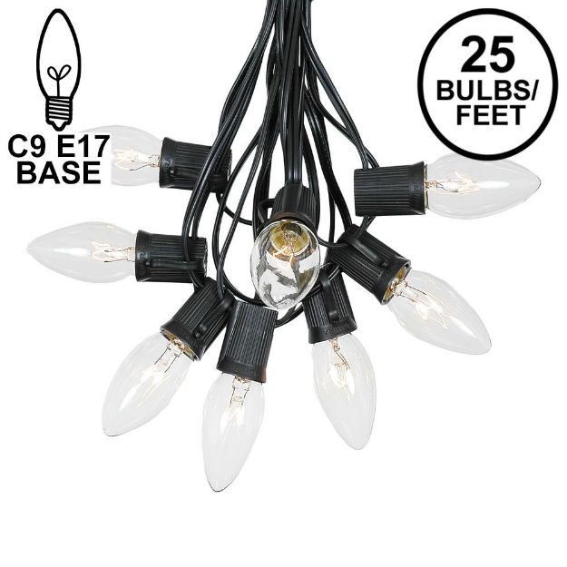 25 Twinkling C9 Christmas Light Set - Clear - Black Wire