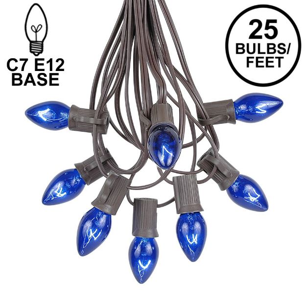 25 Light String Set with Blue Transparent C7 Bulbs on Brown Wire