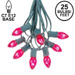 25 Light String Set with Pink Transparent C7 Bulbs on Green Wire