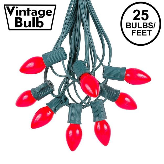 25 Light String Set with Red Ceramic C7 Bulbs on Green Wire