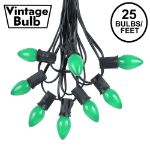 25 Light String Set with Green Ceramic C7 Bulbs on Black Wire