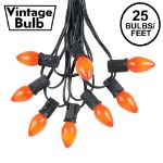 25 Light String Set with Orange Ceramic C7 Bulbs on Black Wire