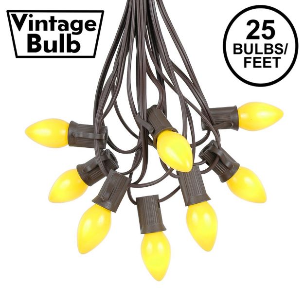 25 Light String Set with Yellow Ceramic C7 Bulbs on Brown Wire