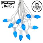 25 Light String Set with Blue Ceramic C7 Bulbs on White Wire