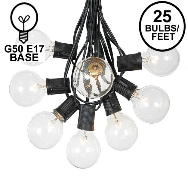 25 G50 Globe Light String Set with Clear Bulbs on Black Wire