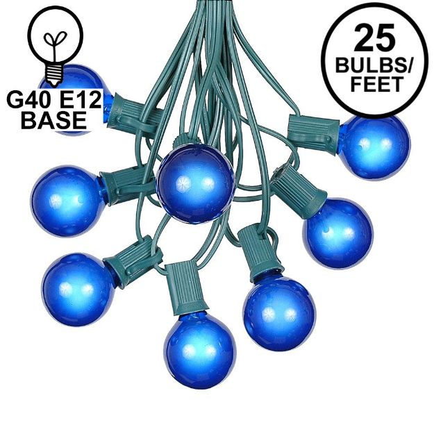 25 G40 Globe String Light Set with Blue Satin Bulbs on Green Wire