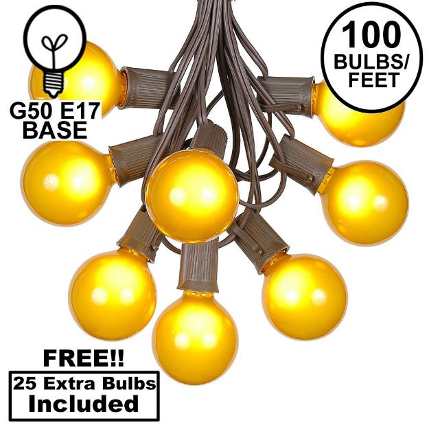100 G50 Globe Light String Set with Yellow Bulbs on Brown Wire