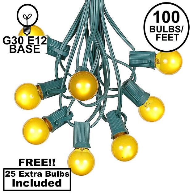 100 G30 Globe String Light Set with Yellow Satin Bulbs on Green Wire
