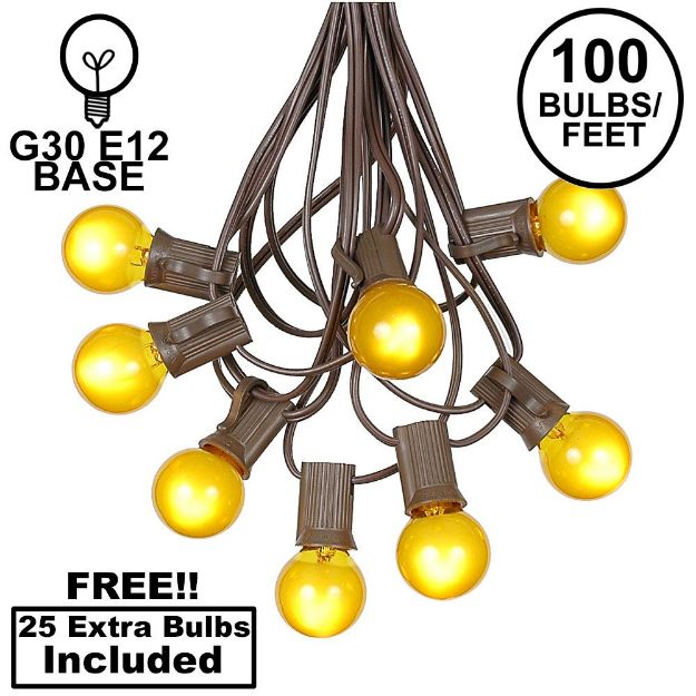 100 G30 Globe String Light Set with Yellow Satin Bulbs on Brown Wire