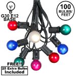 100 G30 Globe String Light Set with Multi Colored Satin Bulbs on Black Wire