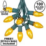 100 C9 Christmas Light Set - Yellow Bulbs - Green Wire