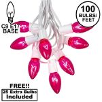 100 C9 Christmas Light Set - Pink Bulbs - White Wire