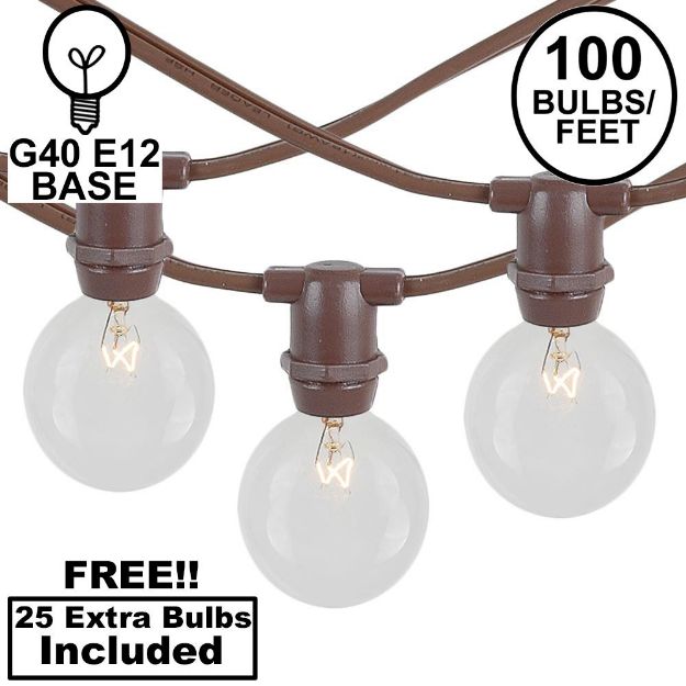 100 Clear G40 Commercial Grade Candelabra Base Light Set - Brown Wire