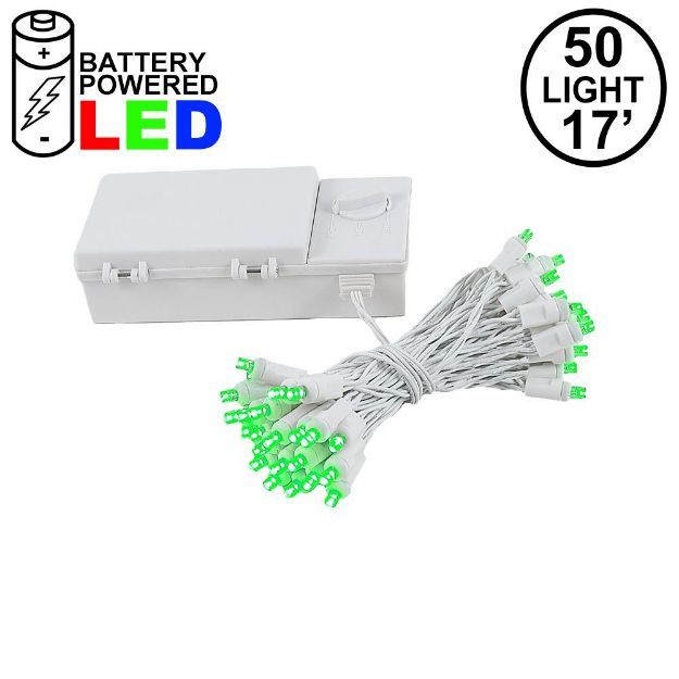 50 LED Battery Operated Lights Green on White Wire