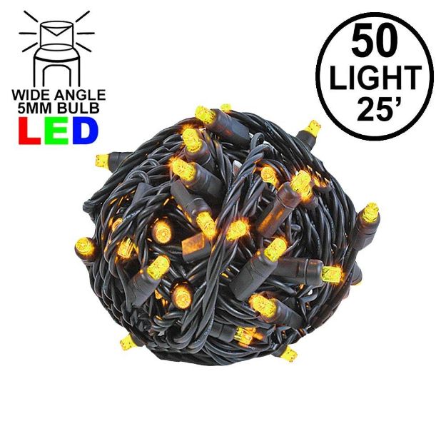 Commercial Grade Wide Angle 50 LED Yellow 25' Long on Black Wire