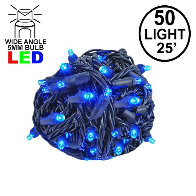Commercial Grade Wide Angle 50 LED Blue 25' Long on Black Wire