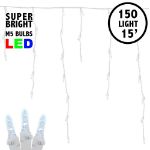Pure White LED Icicle Lights on White Wire 150 Bulbs