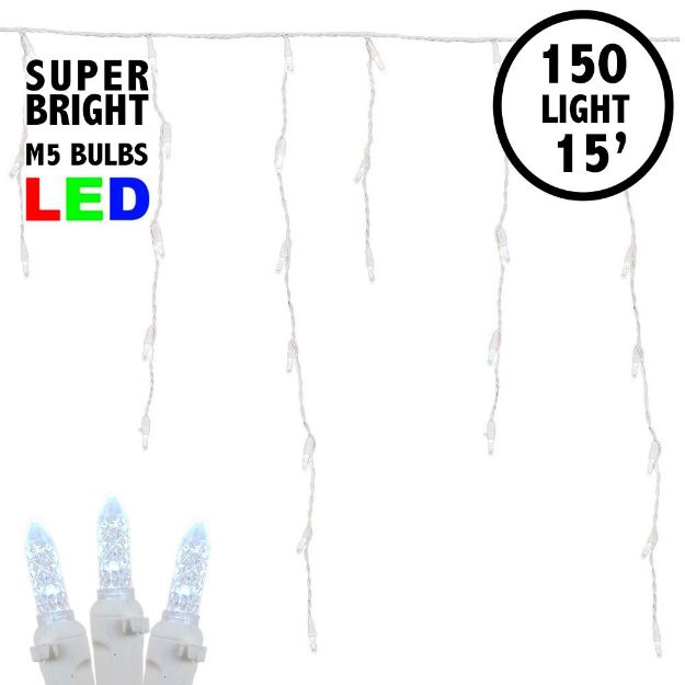 Pure White LED Icicle Lights on White Wire 150 Bulbs
