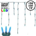 Blue LED Icicle Lights on Green Wire 150 Bulbs
